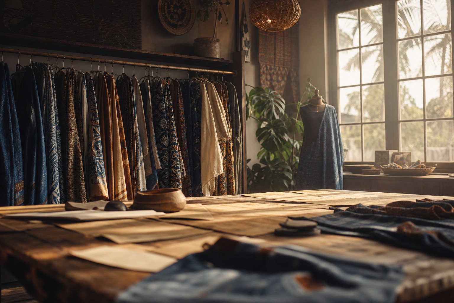 Sunlit African fashion atelier with hanging textiles and patterns