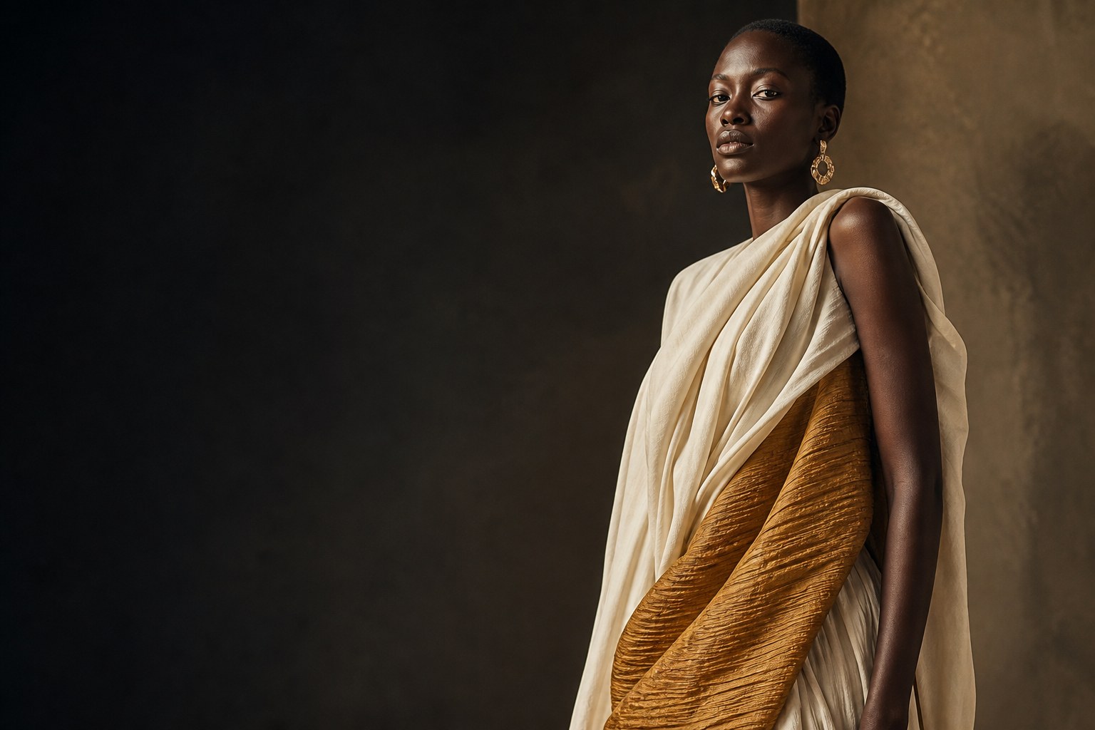 Editorial portrait of a model in sculptural African couture